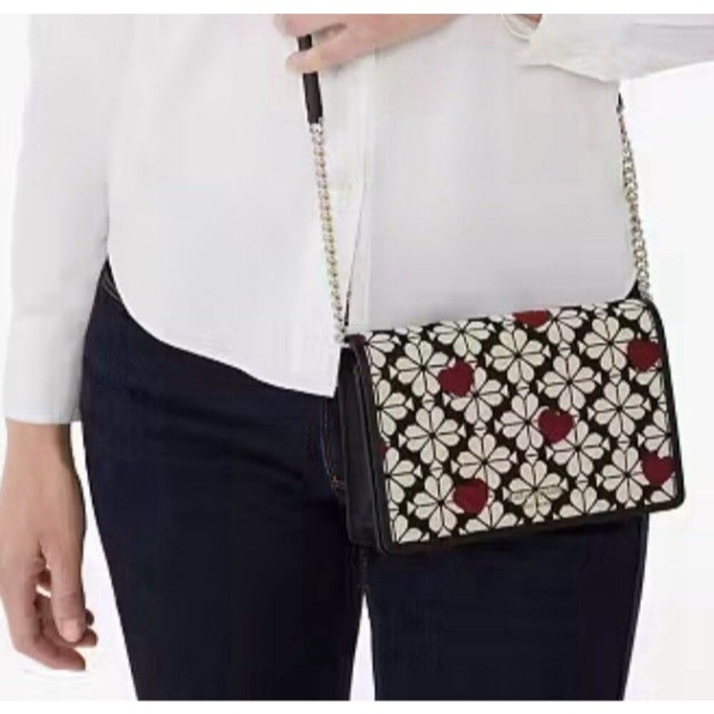 New Kate Spade Flower Jacquard Hearts Chained Wallet purse handbag